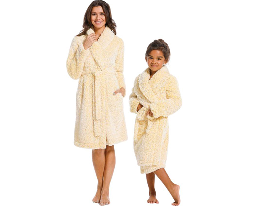 Gele damesbadjas fleece fluffy – kort model