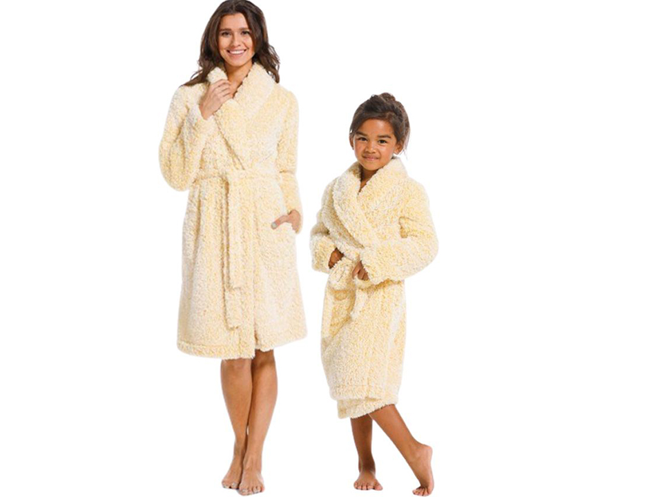 Gele damesbadjas fleece fluffy – kort model