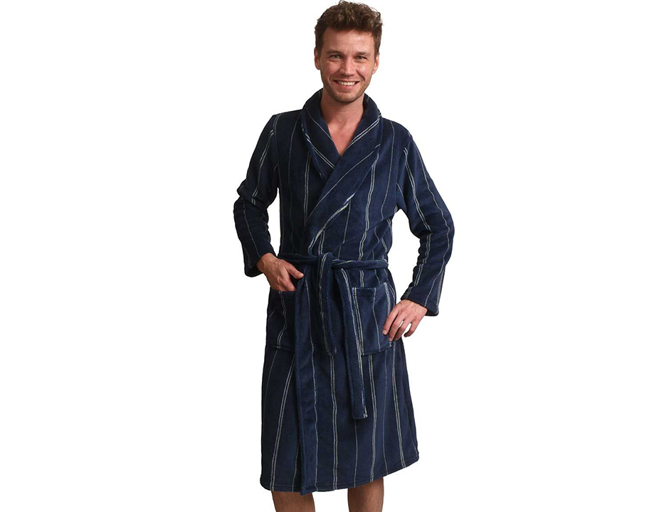 Blauwe heren badjas met streepmotief - fleece