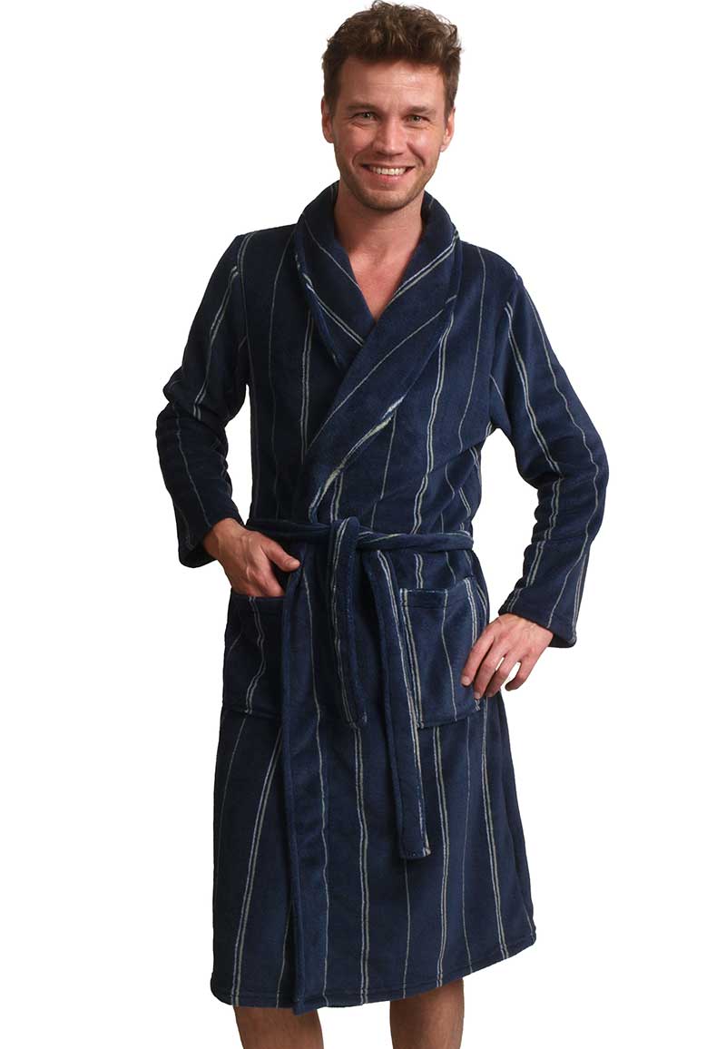 Blauwe heren badjas met streepmotief fleece-s