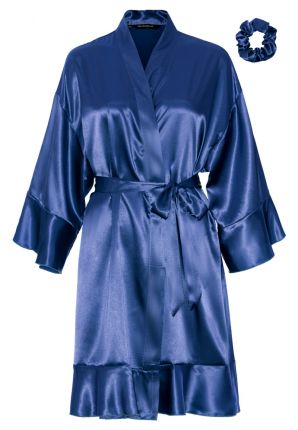 Satijnen kimono dames ruffle – donker blauw