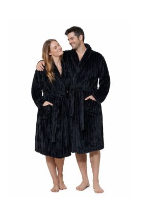 Ribcord badjas fleece – sjaalkraag - zwart