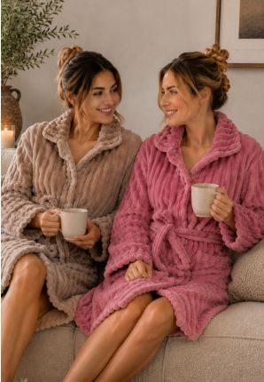 Fleece badjas met knopen - taupe & roze