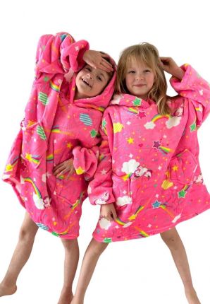 Draagbare deken met capuchon & mouwen - kind - unicorn roze