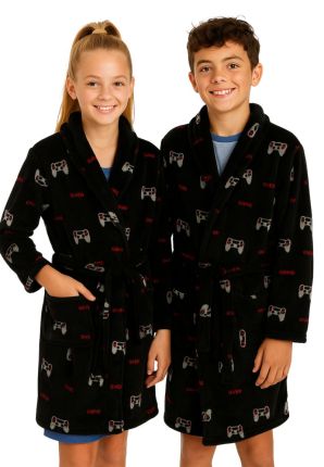 Tiener badjas zwart - station – fleece