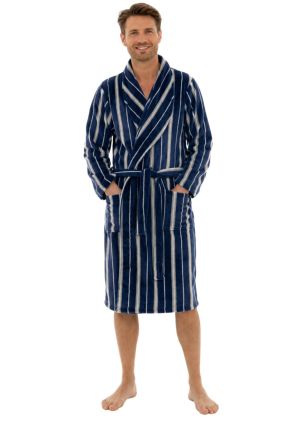 Heren fleece badjas met beige strepen