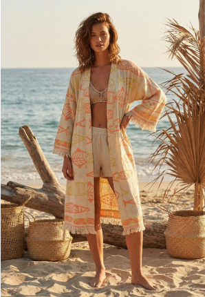 Beige Fish Katoen Kimono
