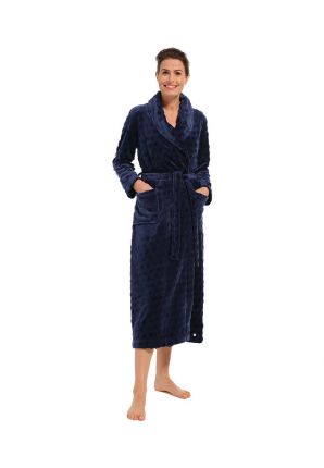 Donkerblauwe damesbadjas met reliëf van stippen – extra lang