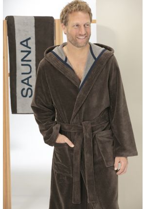 Cawo herenbadjas met capuchon - katoenen badjas - bruin