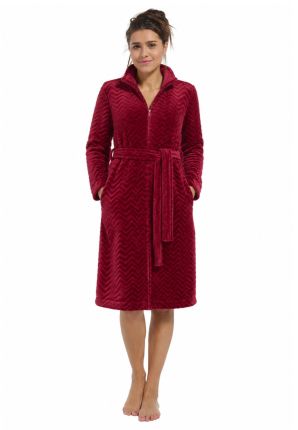 Dames badjas fleece met rits - donkerrood