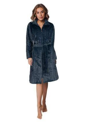 Pastunette damesbadjas met rits - donkerblauw - kabelpatroon