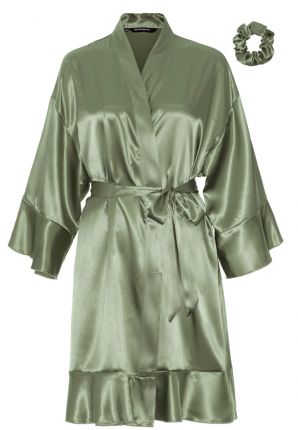 Satijnen kimono dames ruffle – olijfgroen