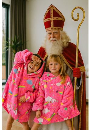 Draagbare deken met capuchon & mouwen - kind - unicorn roze