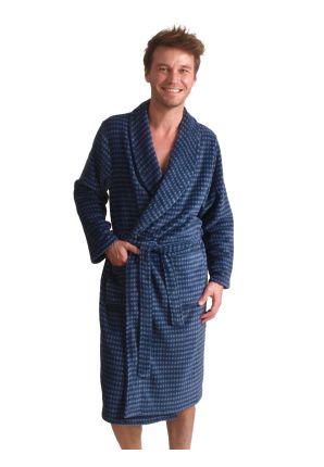 Blauwe heren badjas met blokjes - fleece