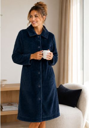 Donkerblauwe Pastunette dames fleece badjas met knopen