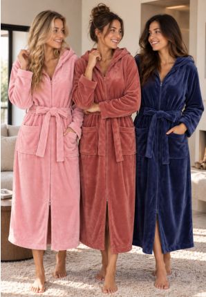 Mooie lange dames badjassen met ritssluiting, capuchon en ceintuur, in koper, blauw en lichtroze