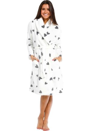 Witte fleece damesbadjas hartjes - Rebelle