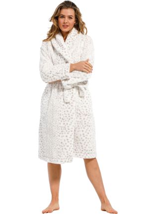 Witte damesbadjas stippenprint – zacht fleece