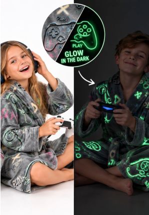 Grijze game kinderbadjas fleece met glow in the dark print
