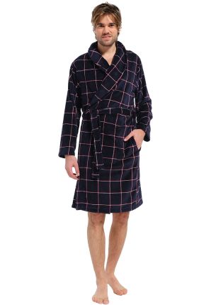 Blauwe herenbadjas ruitmotief - Pastunette - fleece
