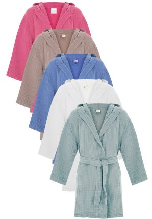 Katoenen kinderbadjas mousseline – capuchon – 6 kleuren