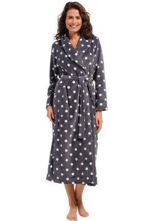 Grijze fleece damesbadjas met stippen – extra lang
