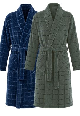 Fleece herenbadjas met klassiek dessin