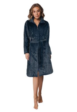 Pastunette damesbadjas met rits - donkerblauw - kabelpatroon