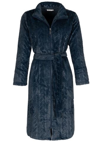 LEVERIE Elegante en moderne damesbadjas van velours, met bindband, zakken, eventueel ritssluiting en capuchon, made in EU, blauw, L