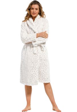 Witte damesbadjas stippenprint – zacht fleece