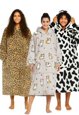 Draagbare deken met capuchon en mouwen – extra lang - dierenprints