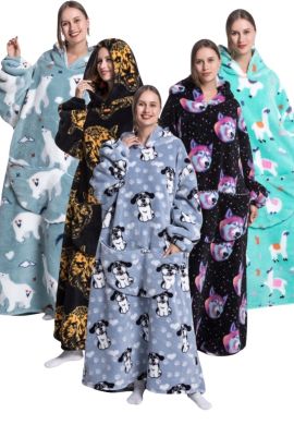 Extra lange draagbare deken met capuchon & mouwen - animalprint