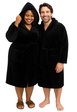 Zwarte badjas met capuchon - grote maten - fleece