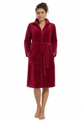 Dames badjas fleece met rits - donkerrood