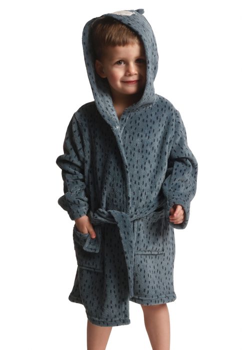 Blauwe badstof kinderbadjas met aqua capuchon Geef hem geborduurd kado