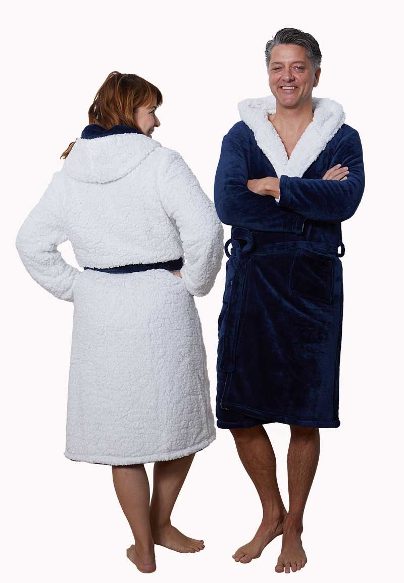 CelinaTex Badjas, uniseks, voor dames en heren, kort of lang, sherpa-fleece, ochtendjas, saunamantel met capuchon, Taupe natuurlijke lange snit, XS