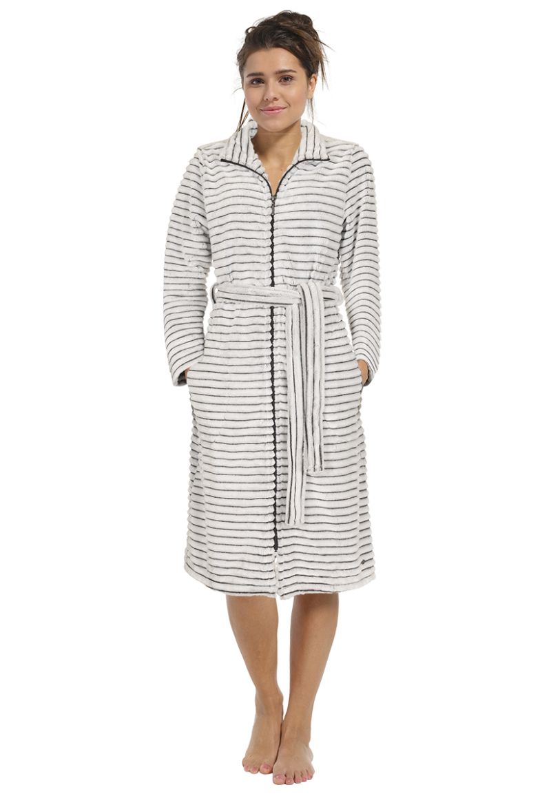 Lichtgrijze damesbadjas met rits en ceintuur - ribbels-(44-46) L