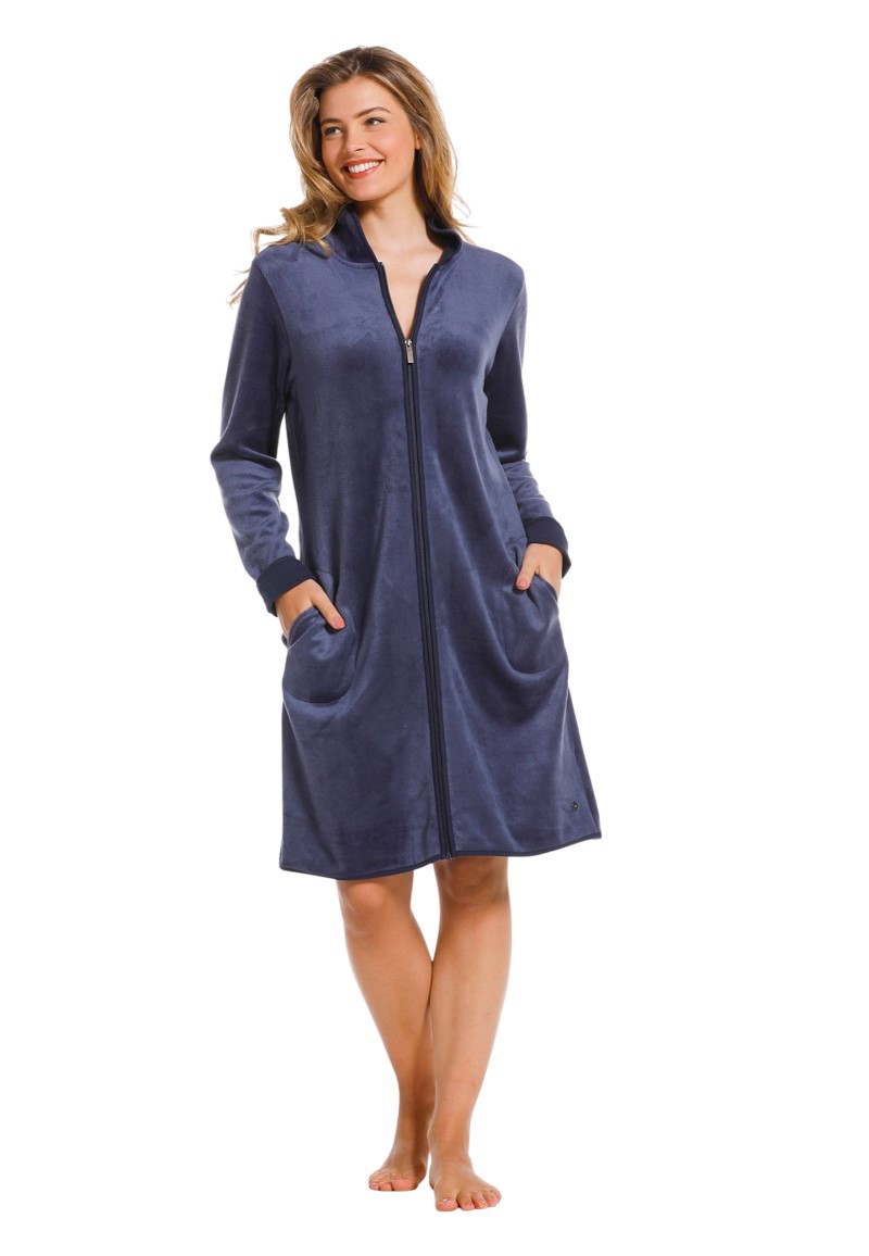 Velvet badjas met ritssluiting blauw-(48-50) XL