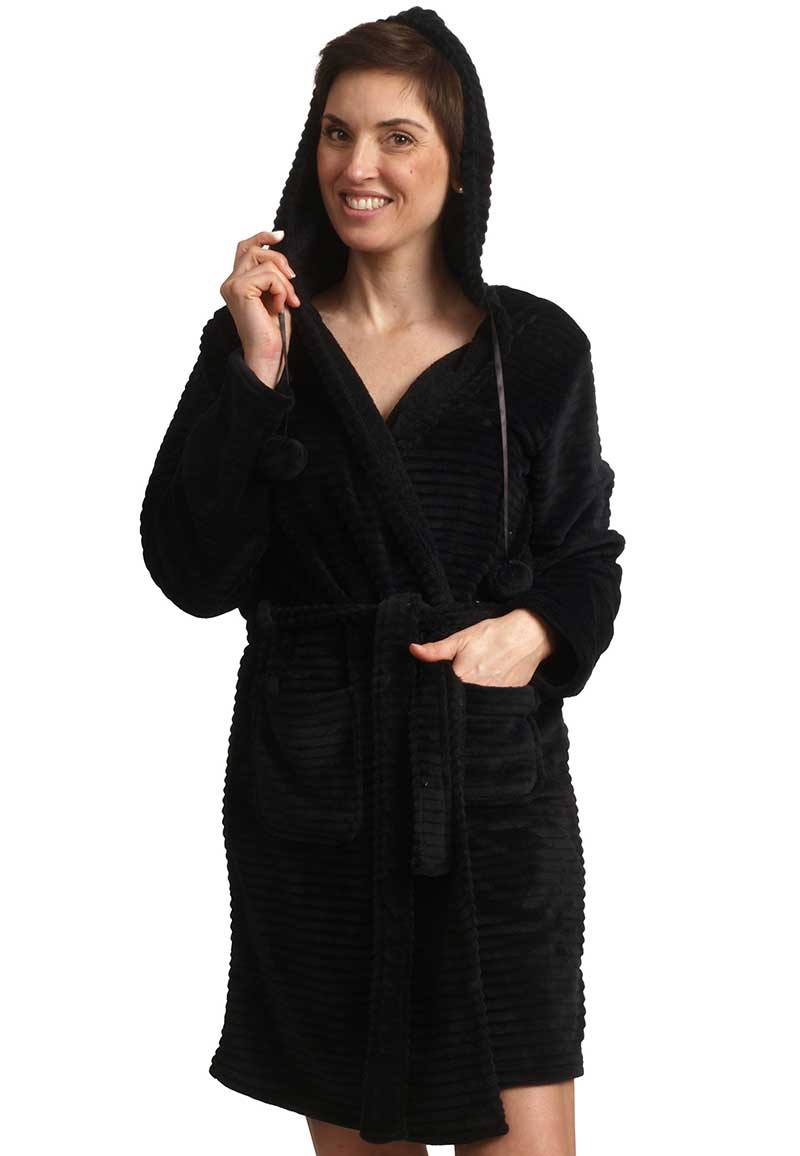 Zwarte fleece badjas met capuchon kort model-s