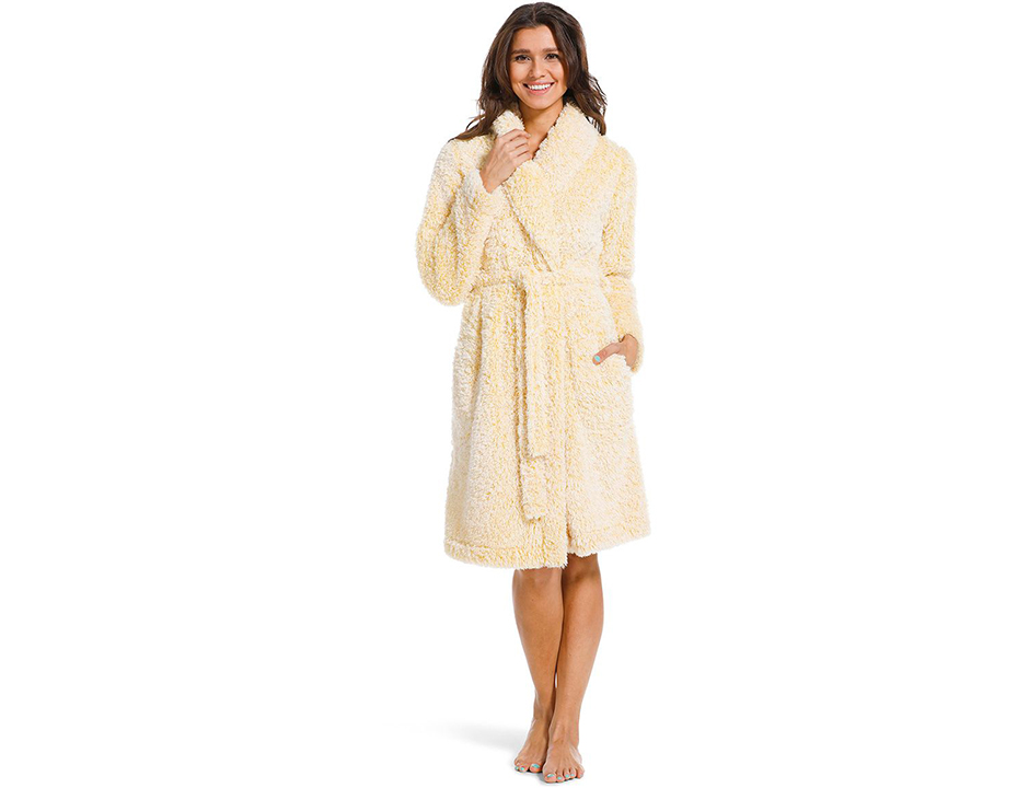 Gele damesbadjas fleece fluffy – kort model