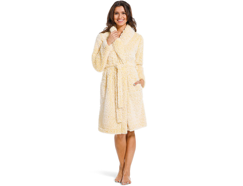 Gele damesbadjas fleece fluffy – kort model