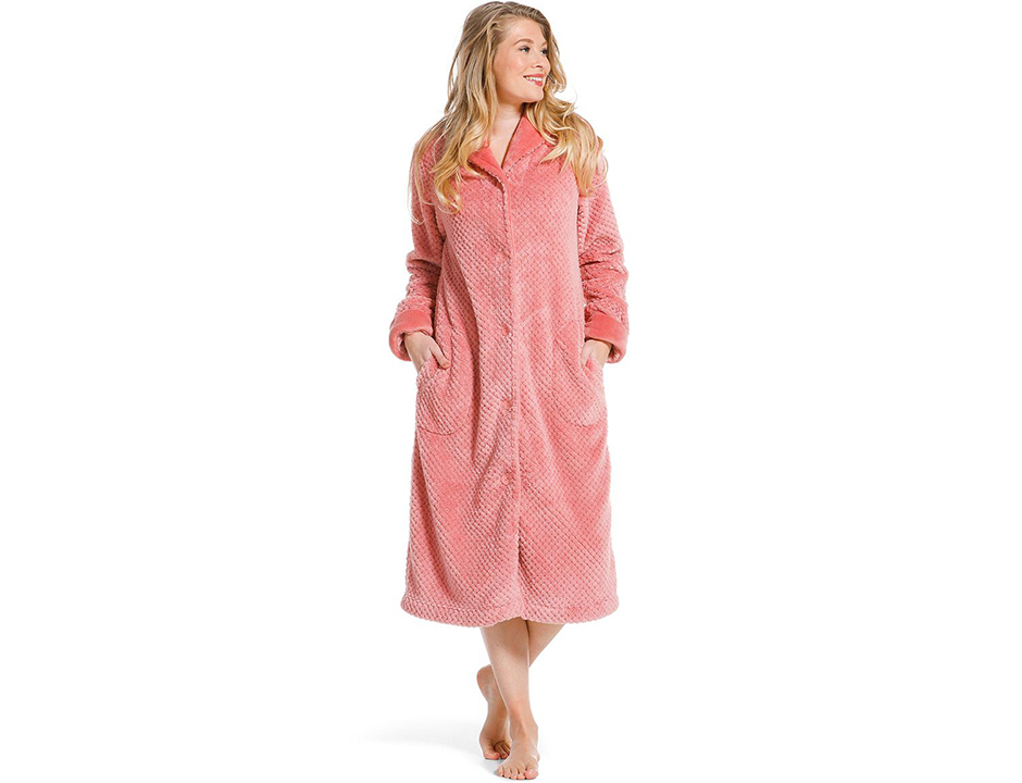 Koraal roze damesbadjas met knopen - zacht fleece