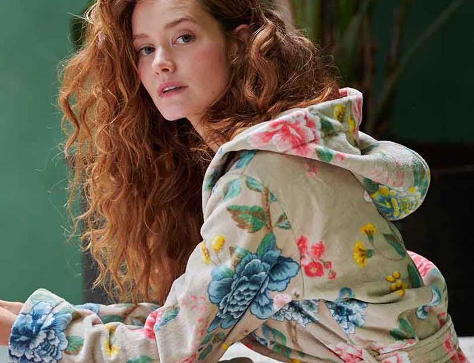 Khaki dames badjas bloemenprint - Pip Studio