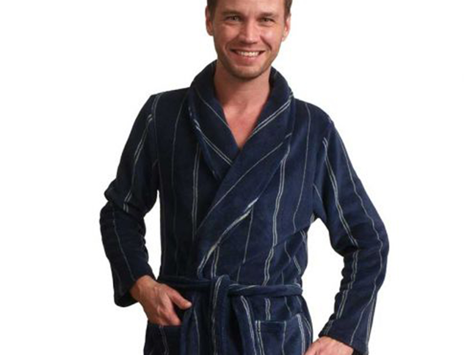 Blauwe heren badjas met streepmotief - fleece