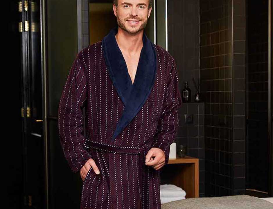 Bordeaux rode heren badjas met streepdessin