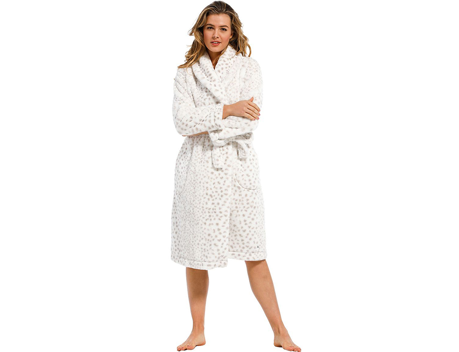 Witte damesbadjas stippenprint – zacht fleece