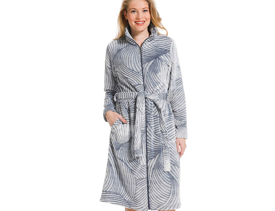 Grijze fleece damesbadjas rits - bladmotief