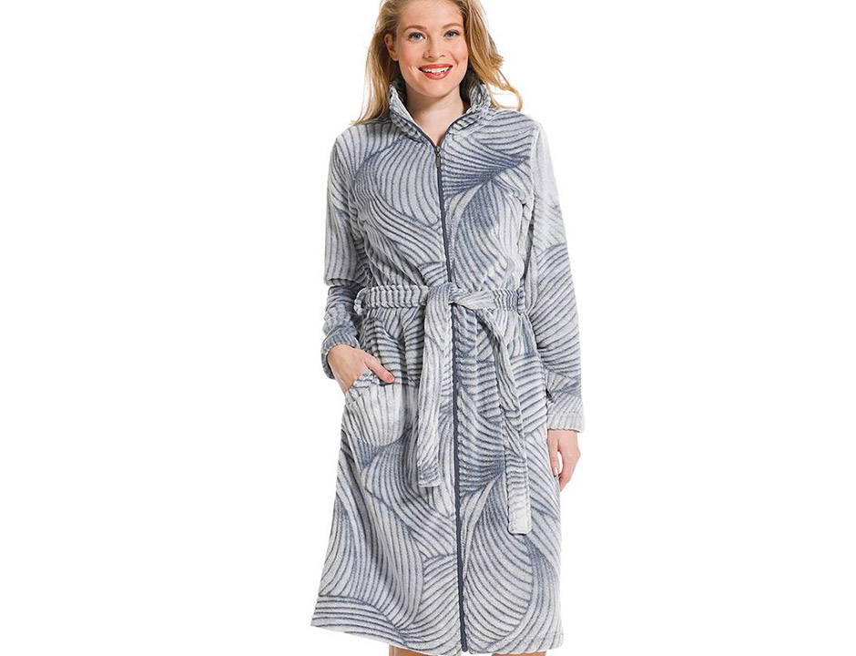 Grijze fleece damesbadjas rits - bladmotief