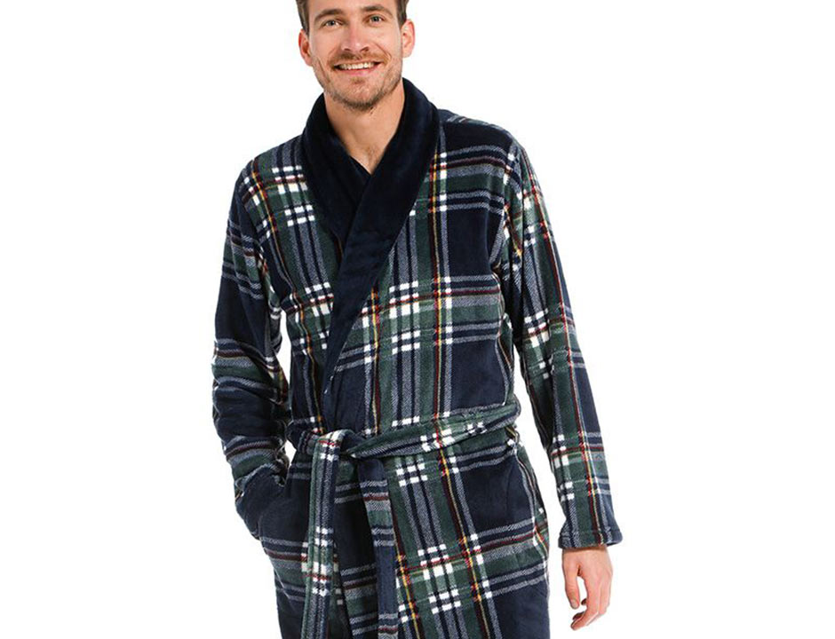 Groene herenbadjas Schotse ruit - fleece