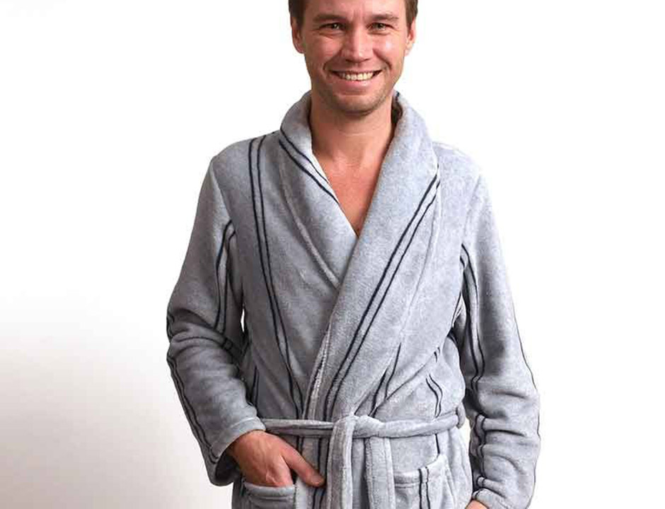 Grijze heren badjas met streepmotief